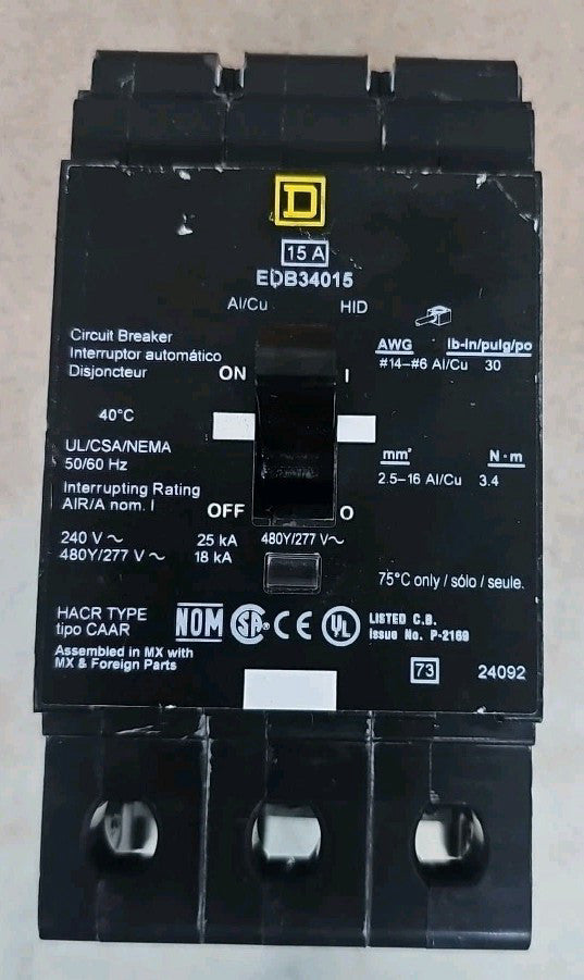 Square D EDB34015 Thermal-Magnetic Circuit Breaker, 15A, 240-480VAC NOS