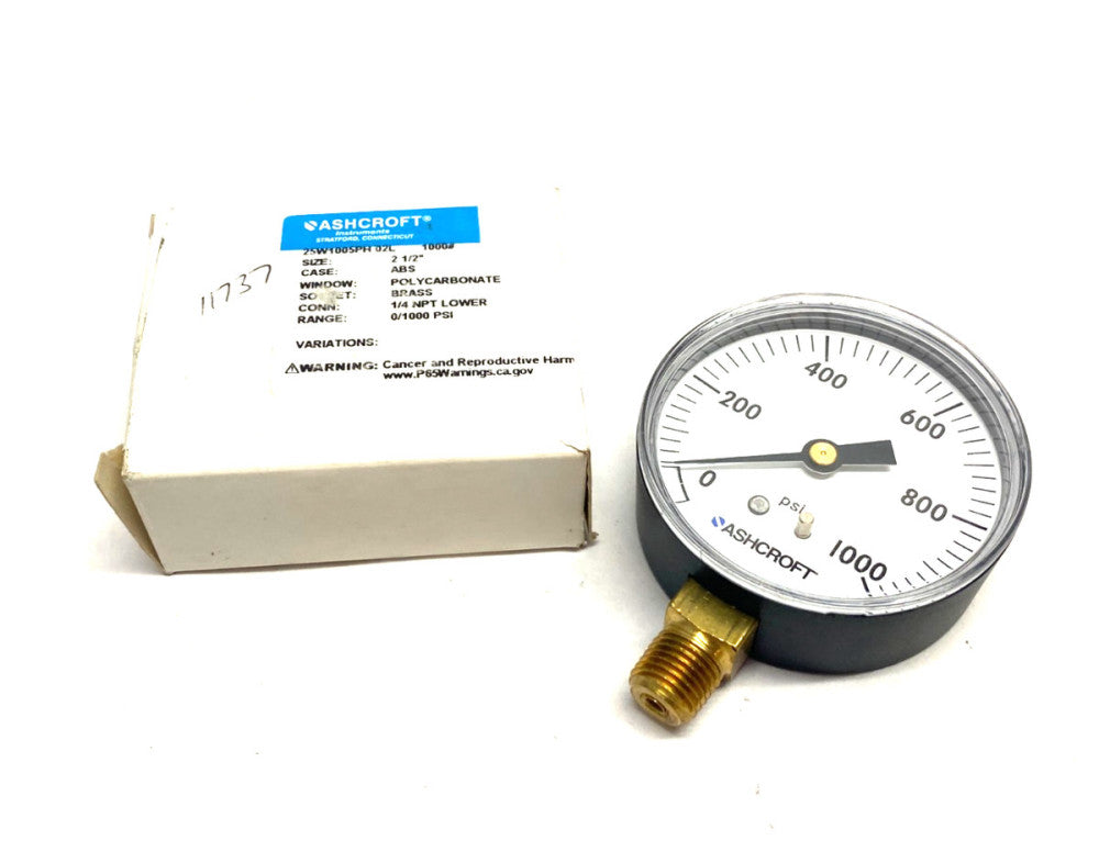 Ashcroft 25W1005PH 02L 1000# Pressure Gauge 2-1/2" Brass 0-1000psi 1/4" NPT