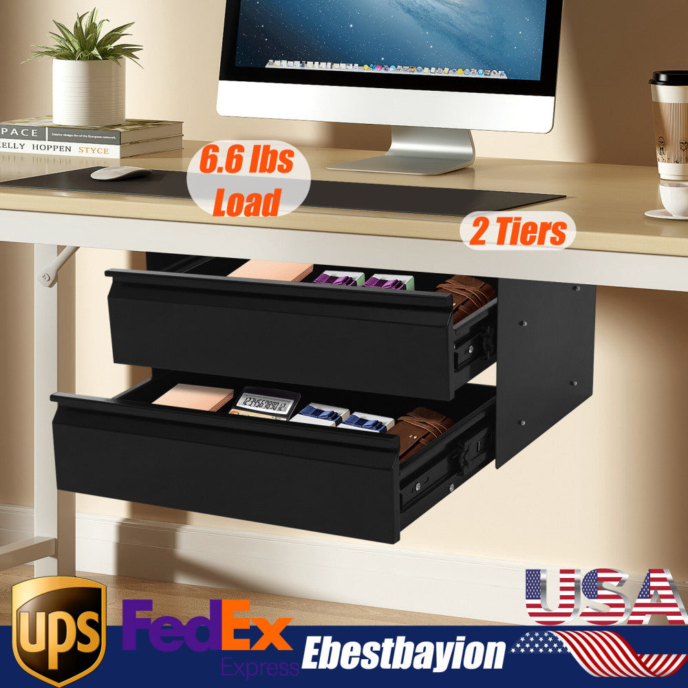 2 Layer Steel Under Desk Drawer Slide Out Dual Tier Under Desk Drawer Organizer