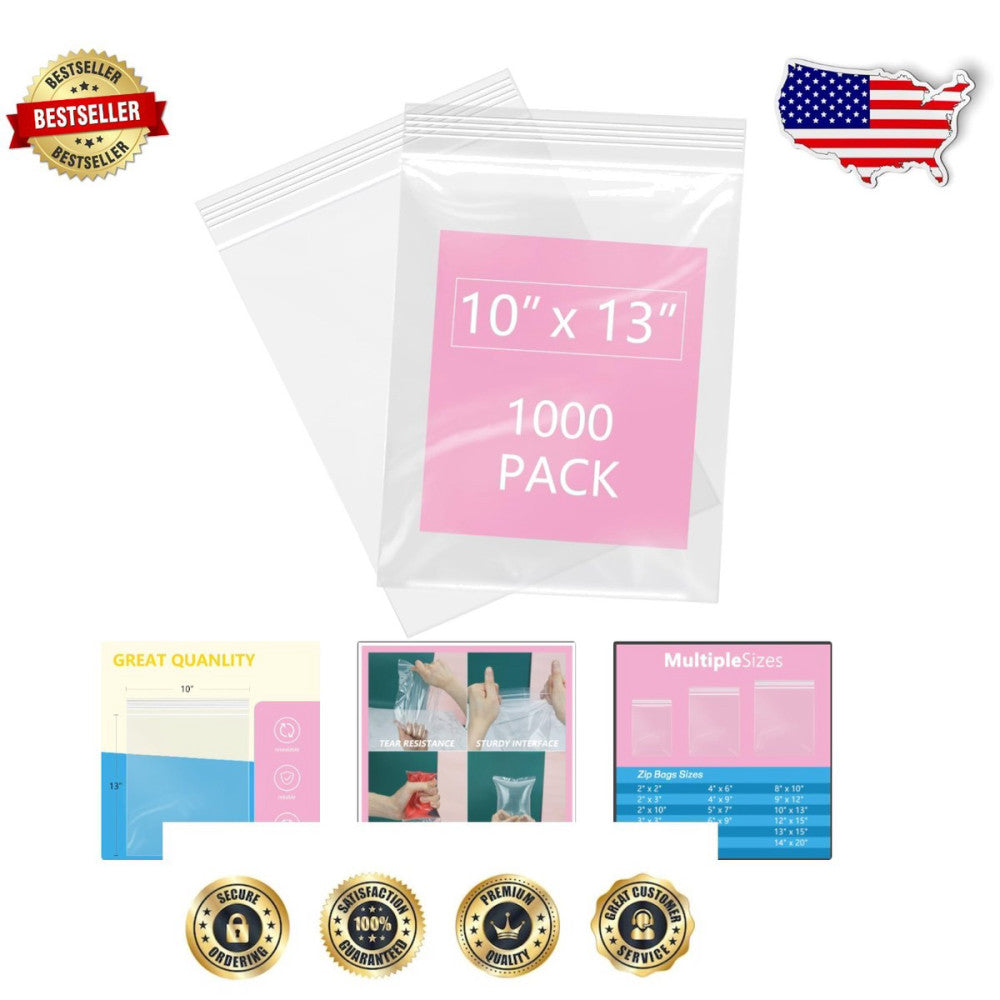 1000 Pcs Clear Zip Bags 10" x 13" Reclosable Waterproof for Documents & Photos