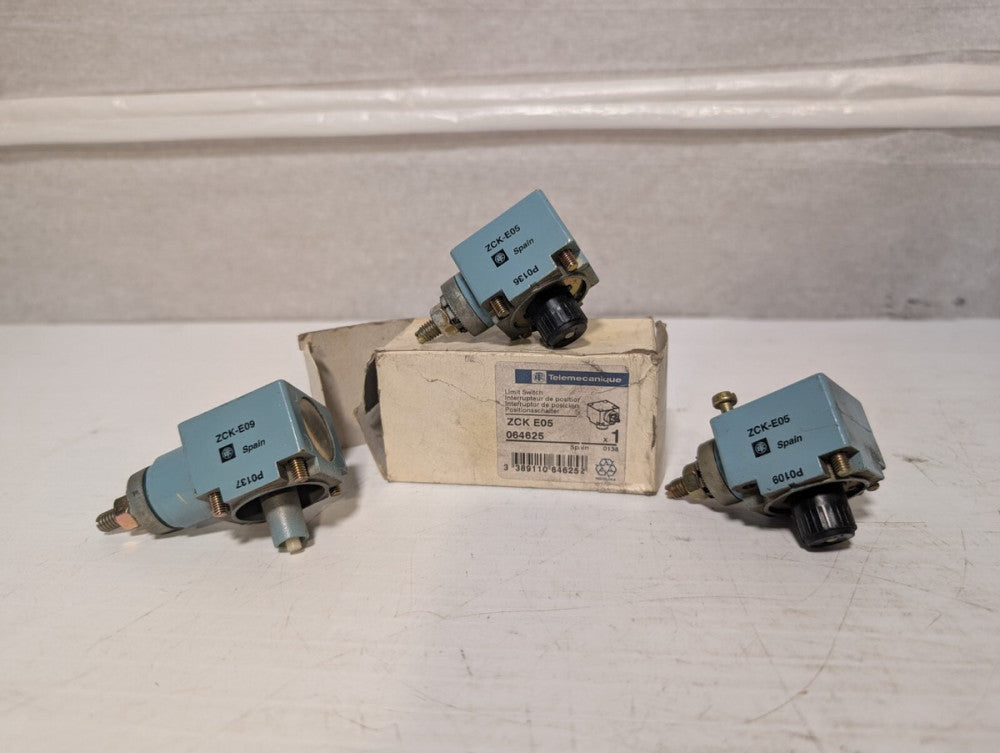 Lot of 3 Telemecanique limit switch heads: ZCK-E05 (new), ZCK-E09 (used),ZCK-E05