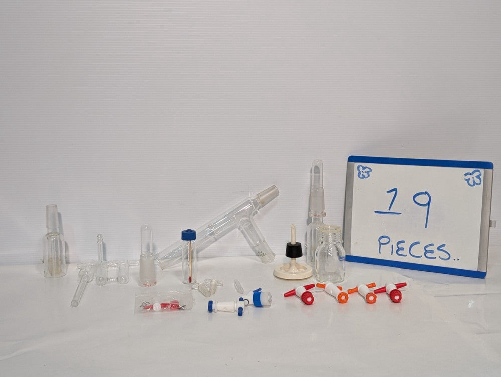 Lot of 19 Chemistry  Laboratory Glassware, Adapters, Vials, Stoppers, +More