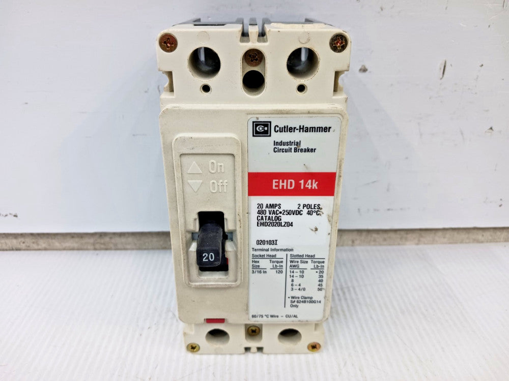 Cutler Hammer 20 Amp Circuit Breaker 2 Pole 480 VAC / 250 VDC 14kA EHD2020LZ04