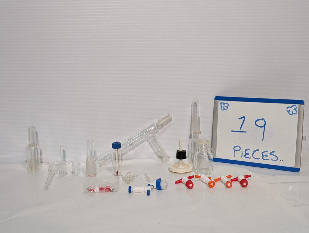 Lot of 19 Chemistry  Laboratory Glassware, Adapters, Vials, Stoppers, +More