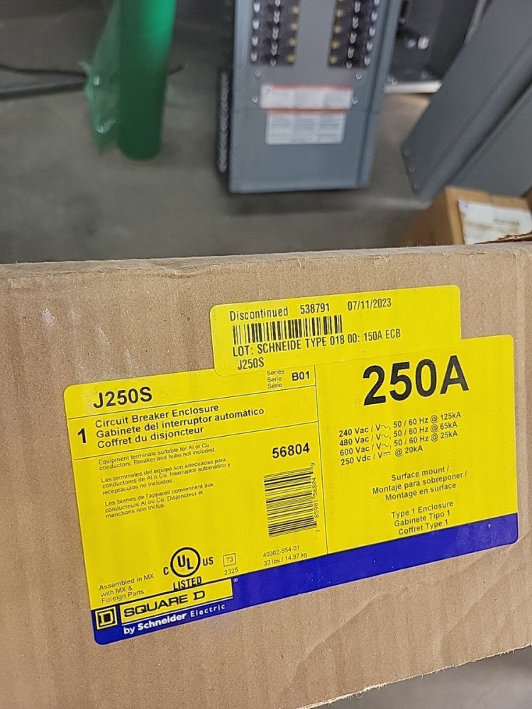 SCHNEIDER SQUARE D J250S Circuit Breaker NEMA-1 Enclosure 250 Amp Max