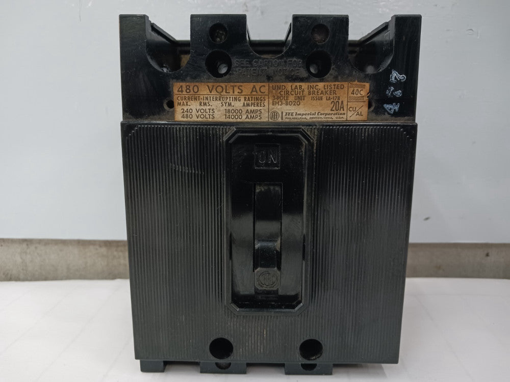 SIEMENS ITE 20 AMP CIRCUIT BREAKER 3 POLE 480 VAC EH3-B020 (FLAW)