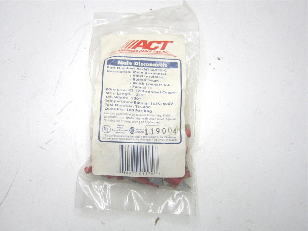 ACT (AL-MT4A250-C) 22-18 AWG Red Nylon Male Disconnect - Pack of 100