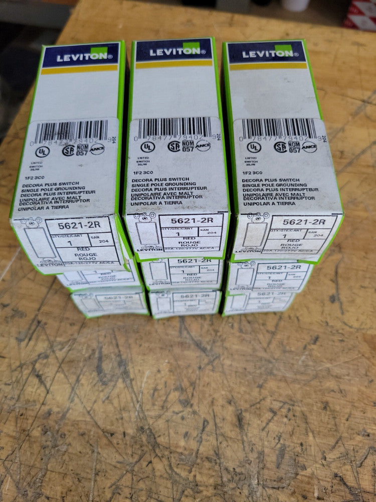 1) New! Leviton 5621-2R Red Commercial Spec Grade Wall Switch Decora Rocker 20A