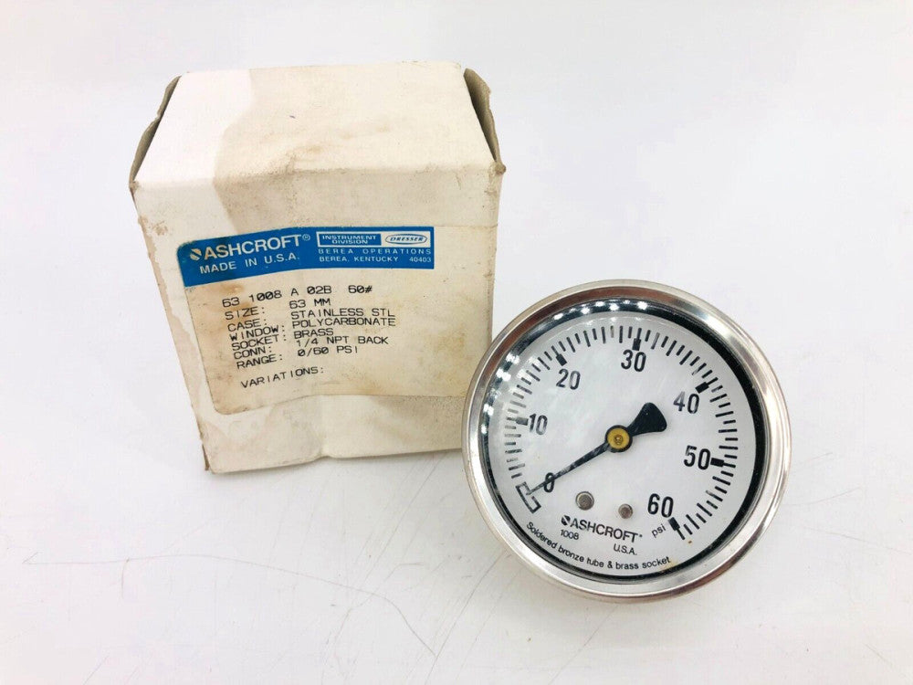 New Ashcroft 63-1008A-02B-60 Pressure Gauge 63mm 1/4 NPT 0-60 Psi