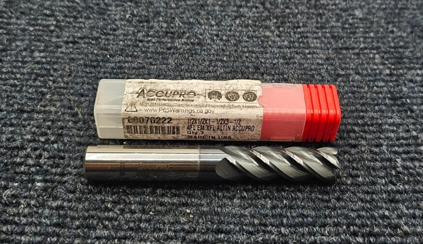 Accupro 88070222 4 Flute Carbide End Mill 1/2" x 1/2" x 1.5" x 3.5" OAL
