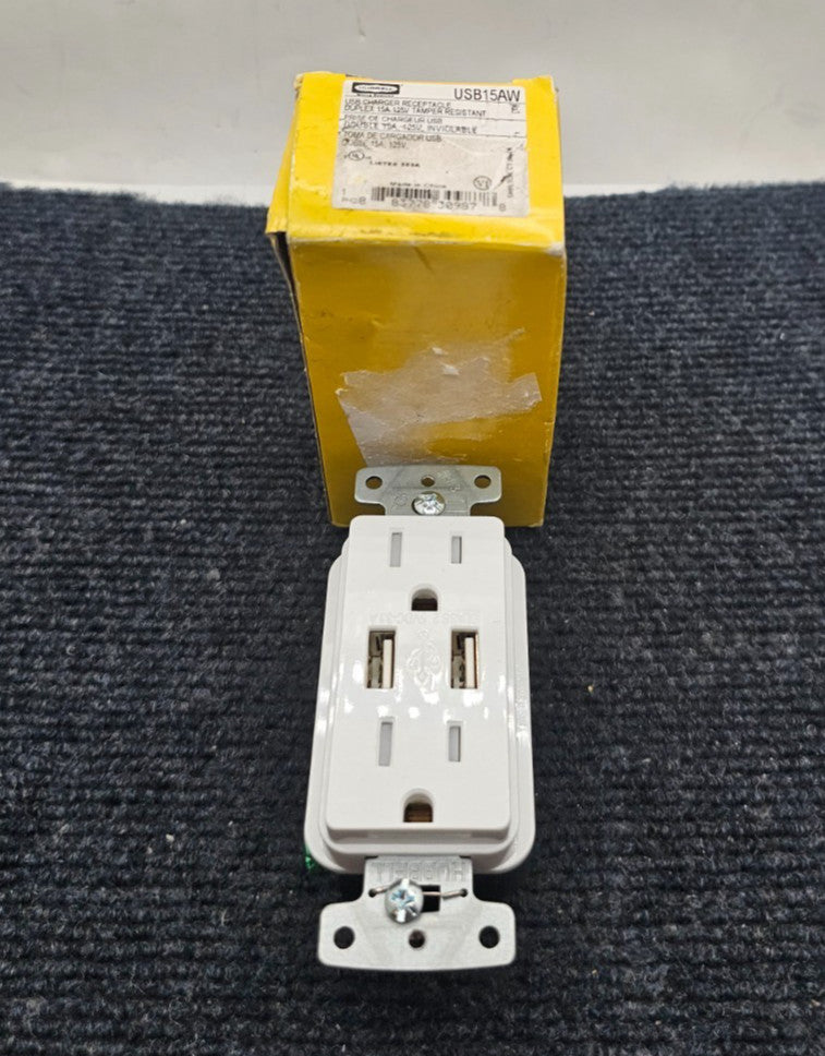 Hubbell USB15AW USB Charger Duplex Receptacle Tamper Resistant White 15A125V