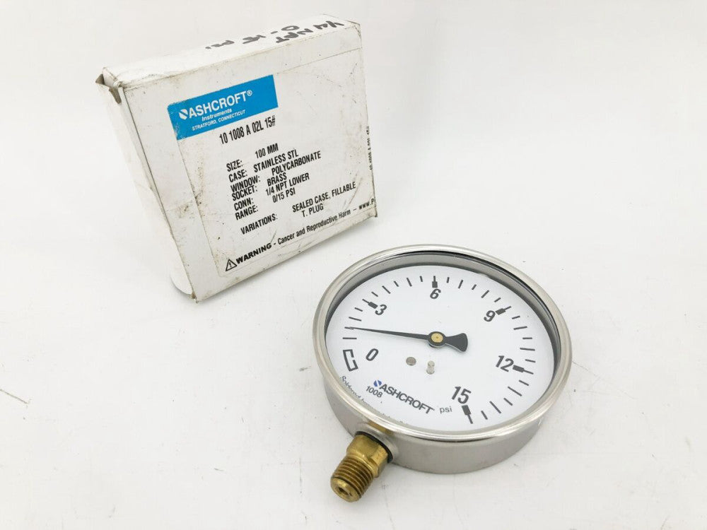 New Ashcroft 10 1008 A 02L 15# Gauge 100mm Brass 1/4" NPT 0/15psi Range