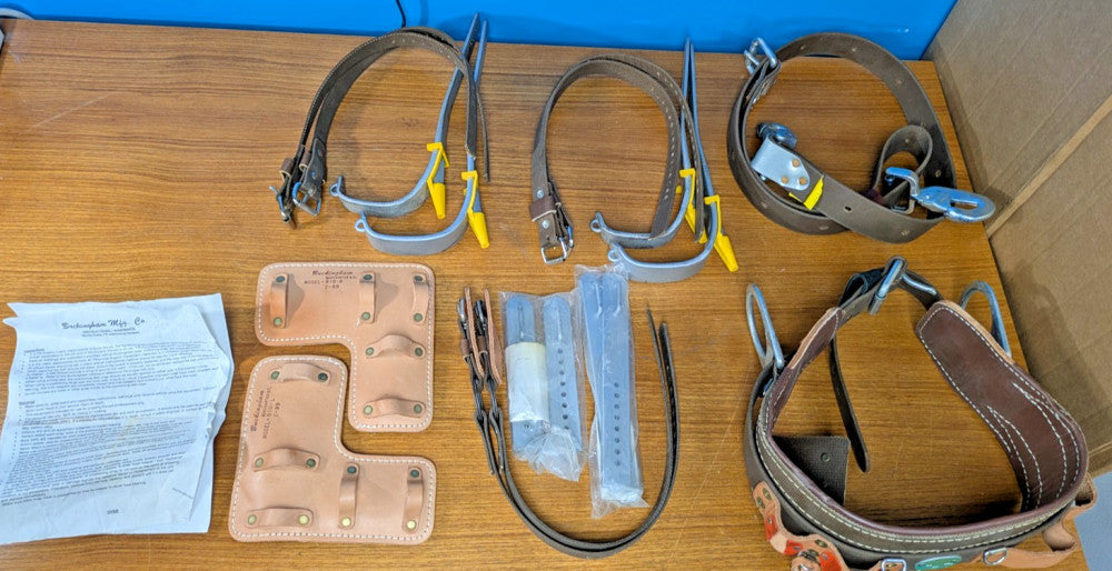 Buckingham Climbing Kit: Body Belt S26, pads, straps, 2 sets of spikes/stirrups