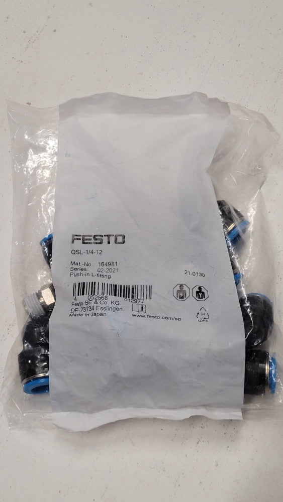 Bag of 10 Festo QSL-1/4-12 164981 Push In Pneumatic Fittings R1/4 x 12mm
