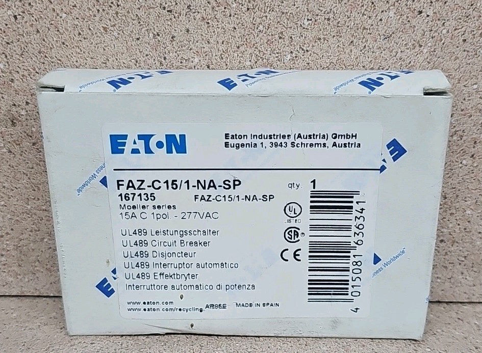 New Eaton 15A Miniature Circuit Breaker FAZC151NASP FAZ-C15/1-NA-SP