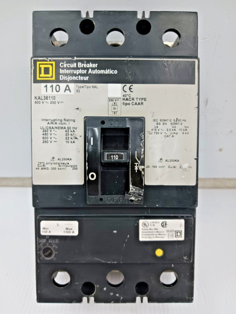 Square D 110 Amp Circuit Breaker 3 Pole 600 VAC / 250 VDC 25kA KAL36110