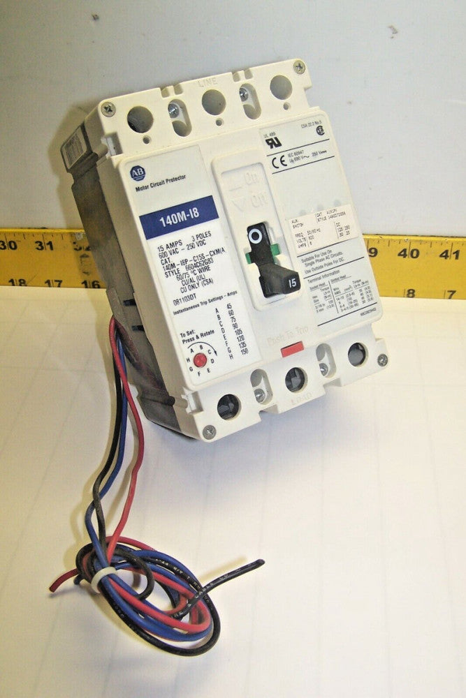 ALLEN BRADLEY 15 AMP CIRCUIT BREAKER W/ AUX 600 VAC 3 POLE  140M-I8P-C15S-CXM(A)