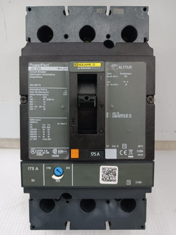 Square D PowerPact 175 Amp Circuit Breaker 3 Pole 600 VAC / 250 VDC JGL36175