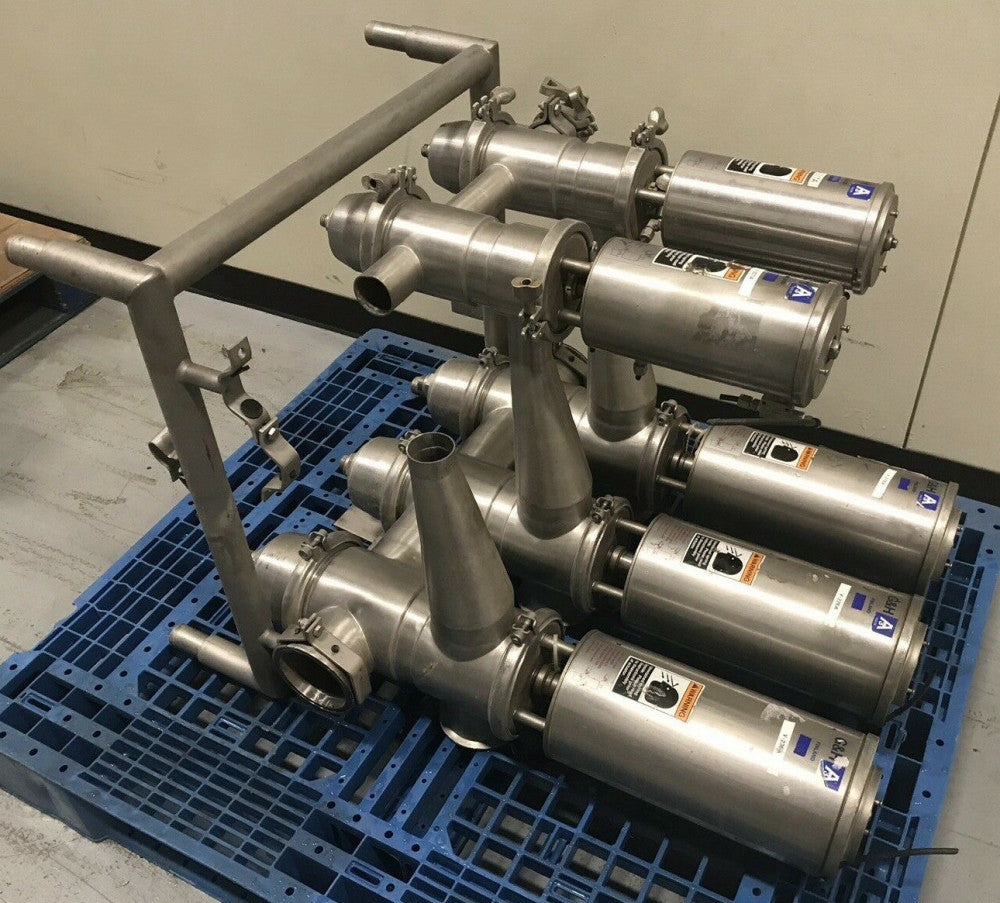 G&H Sanitary Air Actuated Double Seat Mixproof Valve Cluster (3) 4" & (2) 2"