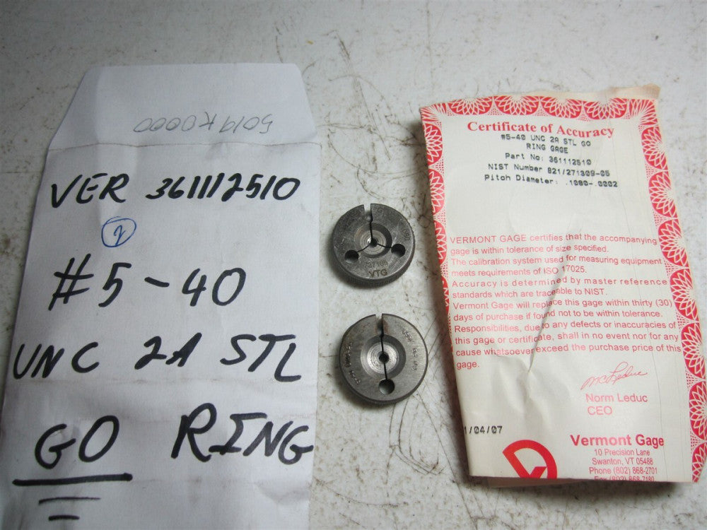 Vermont Gage (361112510) 5-40 Go Single Ring Thread Gage - Pack of 2