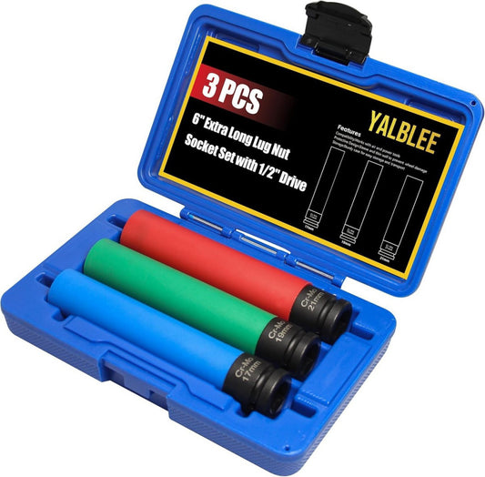 3 PCS Extra Long Lug Nut Socket Set, 1/2" Drive Impact Sockets, 17mm Blue 