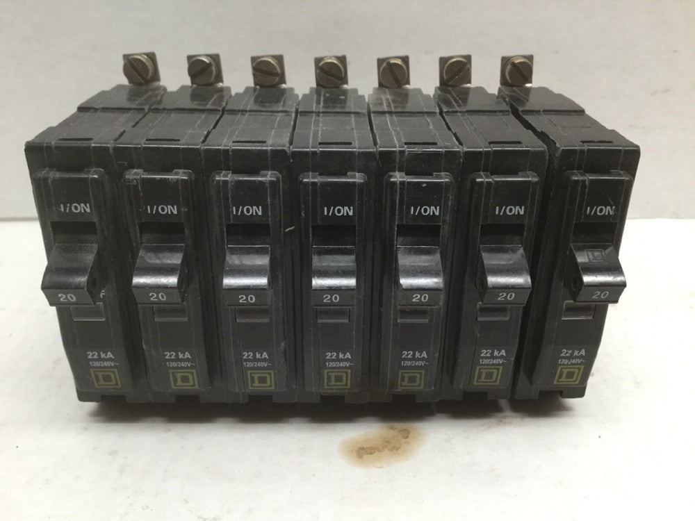 SQUARE D QOB120 20 AMP 22kA 1 Pole Bolt-On Circuit Breaker Type QOB (Lot of 7)