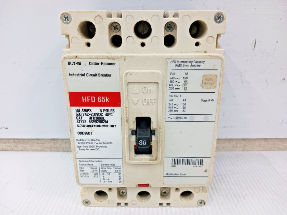 Eaton Cutler Hammer 80 Amp Circuit Breaker 3 Pole 600 VAC / 250 VDC HFD3080L