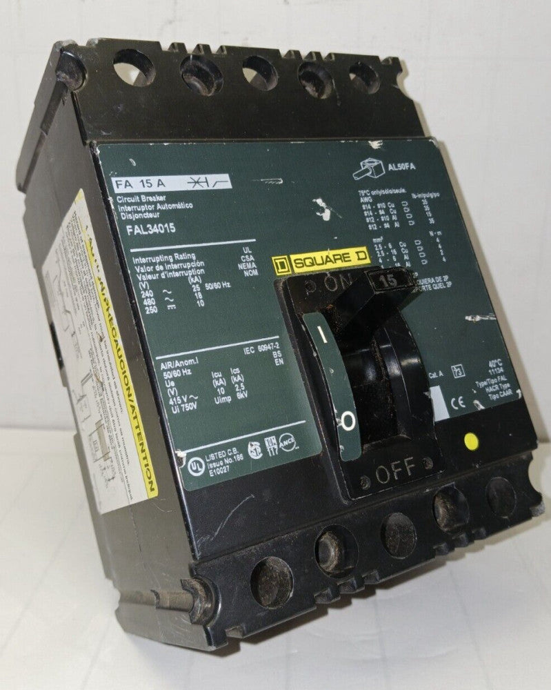 SQUARE D FAL34015 15 AMP CIRCUIT BREAKER 3POLE 480 VAC 250 VDC
