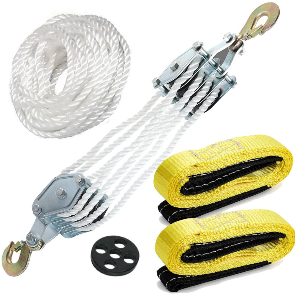 4000LB 65 Feet Rope Hoist Pulley with 2 Sling Strap, 2 Ton Wheel Block and Ta...