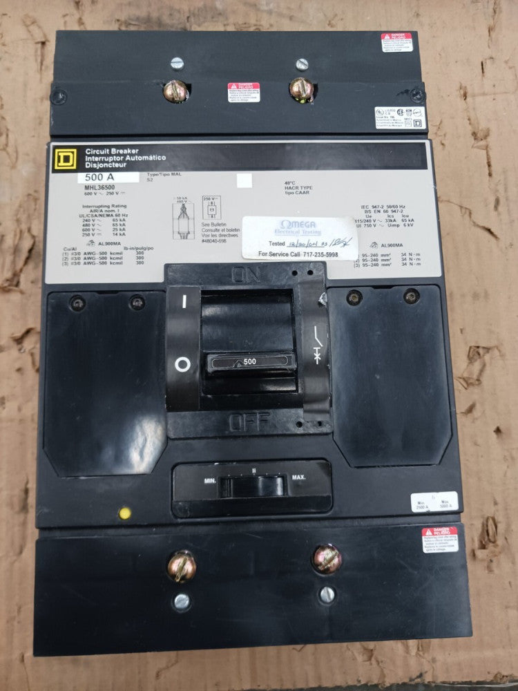 SQUARE D 500 AMP CIRCUIT BREAKER 3 POLE 600 VAC 240/480 V 65kA MHL36500