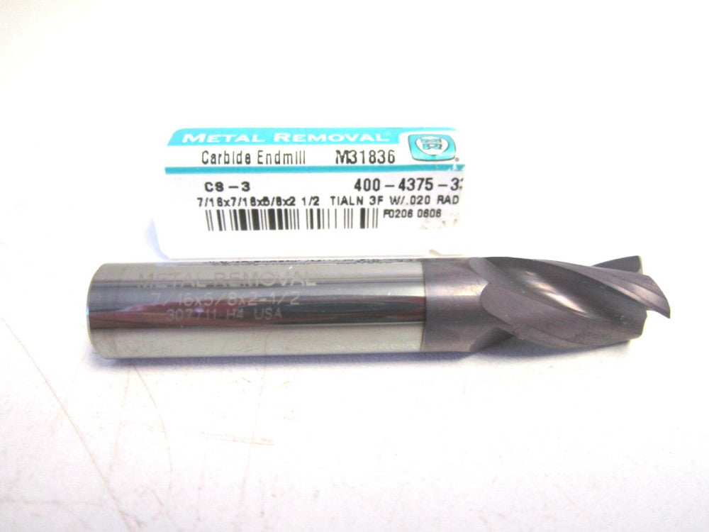 Metal Removal (M31836) 7/16" Carbide Corner Radius End Mill 3F RH TiAlN 