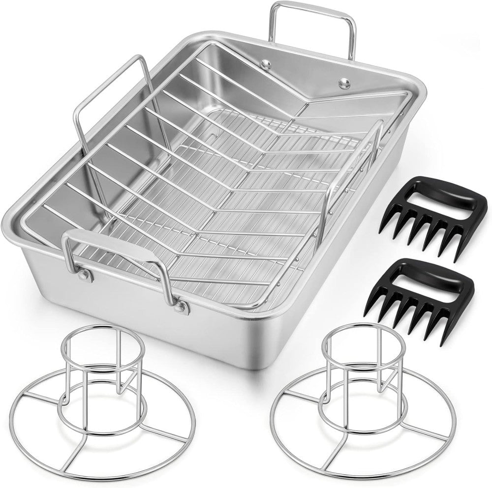 16" Roasting Pan with Rack, 7 PCS P&P CHEF Stainless Steel Roaster Silver 