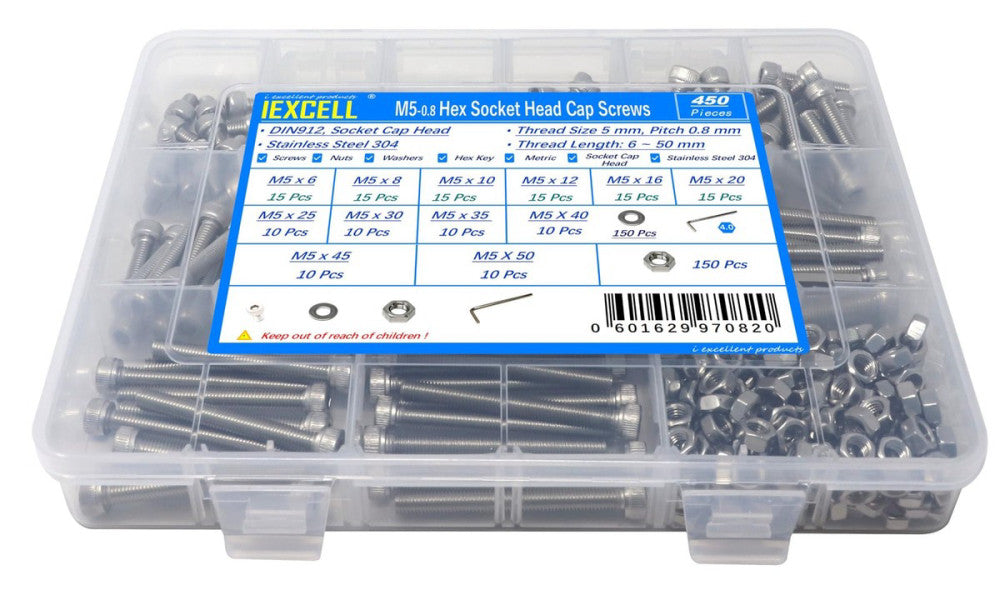 450 Pcs M5 x 6/8/10/12/16/20/25/30/35/40/45/50 Stainless Steel 304 Hex Socket...