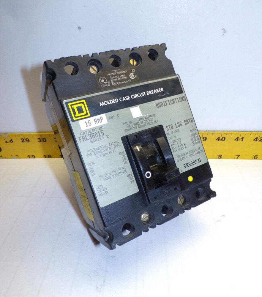 SQUARE D 15 AMP CIRCUIT BREAKER 600 VAC / 250 VDC 3 POLE  FHL36015