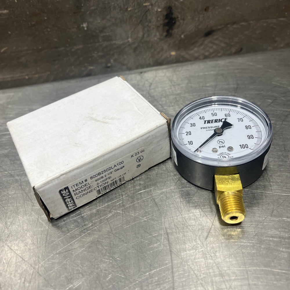 Trerice 800B2502LA100 - 2.5" Diameter, 0-100psi, 1/4" NPT Industrial Gauge Nos
