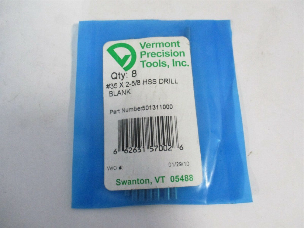 Vermont Gage (501311000) 0.1100 x 2-5/8" OAL HSS #35 Jobber Drill Blank - Qty 8