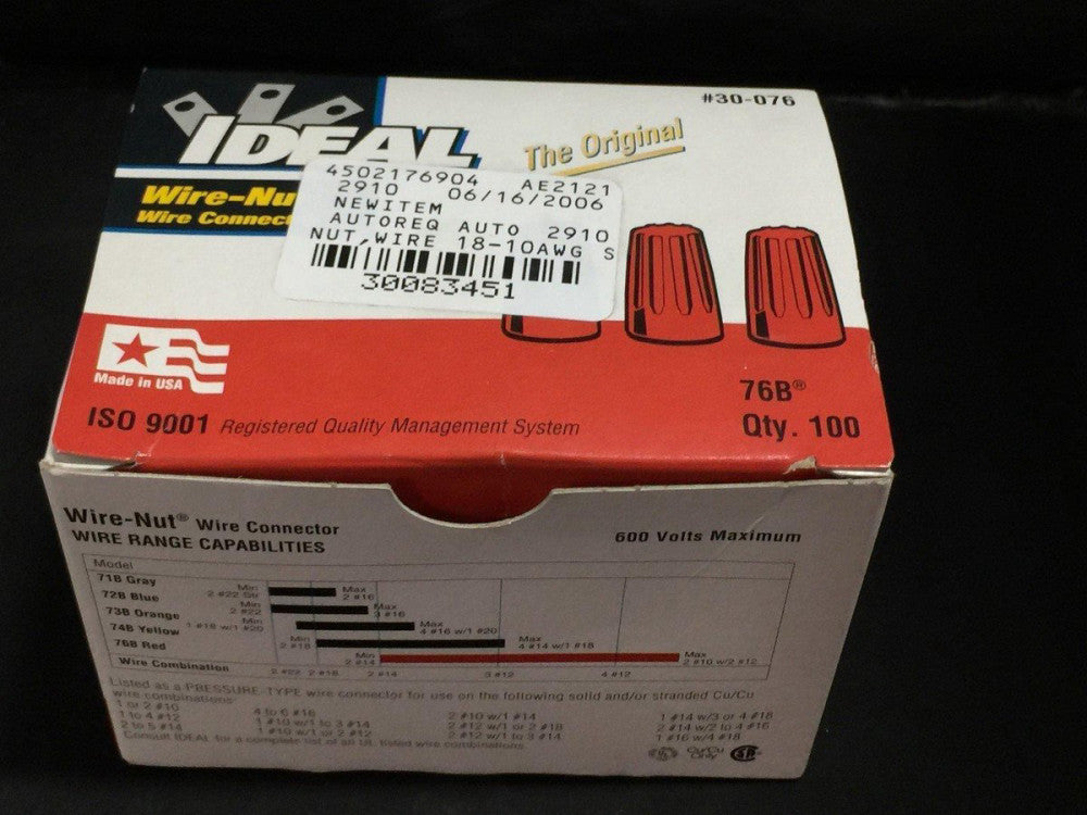 NEW Ideal 30-076 Twist-On Wire Connectors 18-10AWG Box of 100 
