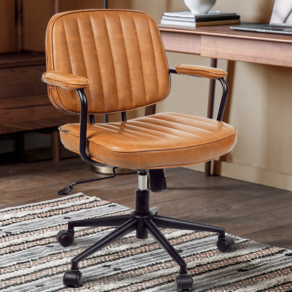 Mid Century Office Chair - Leather Desk Chair with Wheels, Arms, Swivel & Hei...