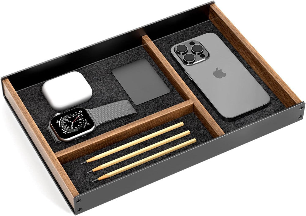 Desk Drawer Organizer Tray, Mens Valet Made of Aluminum and Walnut, Aesthetic De