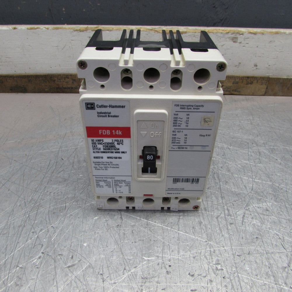 EATON / CUTLER-HAMMER FDB3080L, MCCB, 3p/80A/600V, CLEAN TAKEOUT!  MAKE OFFER!