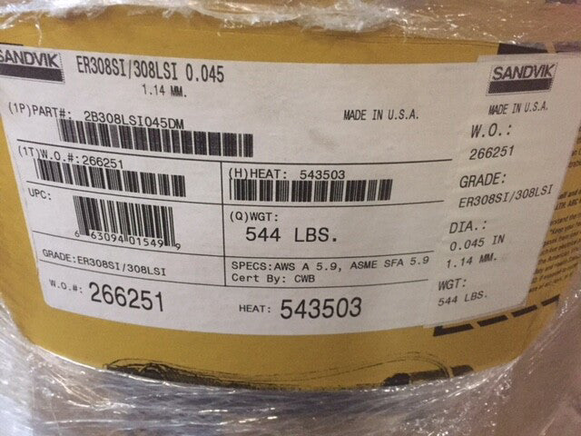 2B308LSI045DM .045" ER308LSi Sandvik Stainless Steel MIG Wire 544 lb Drum (NEW)