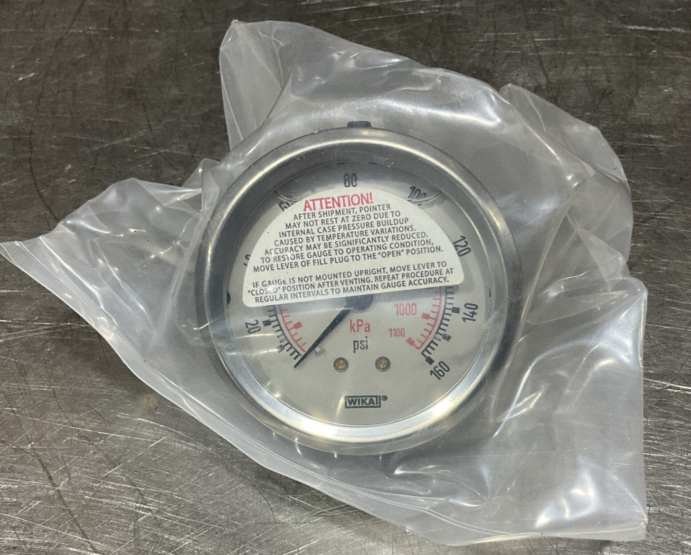 Wika Pressure Gauge 0-160 psi kPa Liquid Filled  Center Back Mount Nos Surplus