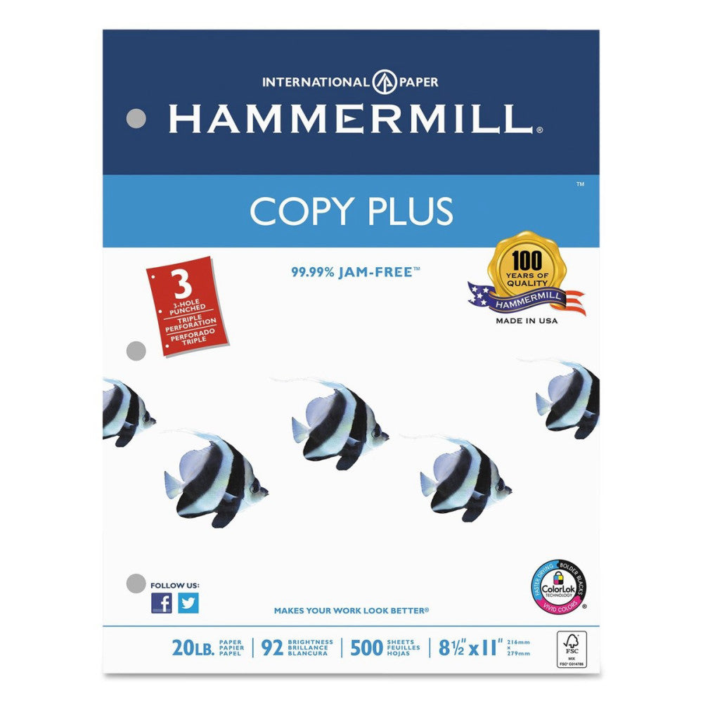 Hammermill 105031 Copy Plus Copy Paper, 3-Hole Punch, 92 Brightness, 20lb, Ltr, 