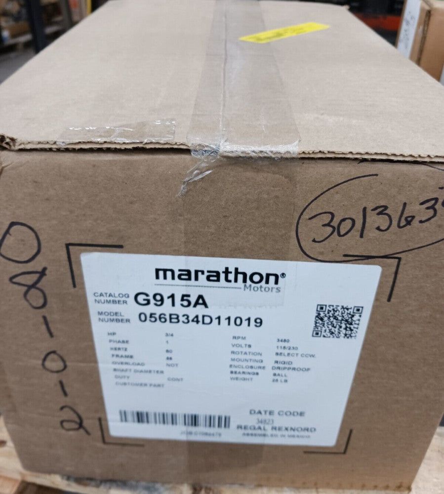 NEW MARATHON 3/4 HP AC ELECTRIC MOTOR 115/230 VAC 1PH 56 FRAME 3450 RPM DP G915A