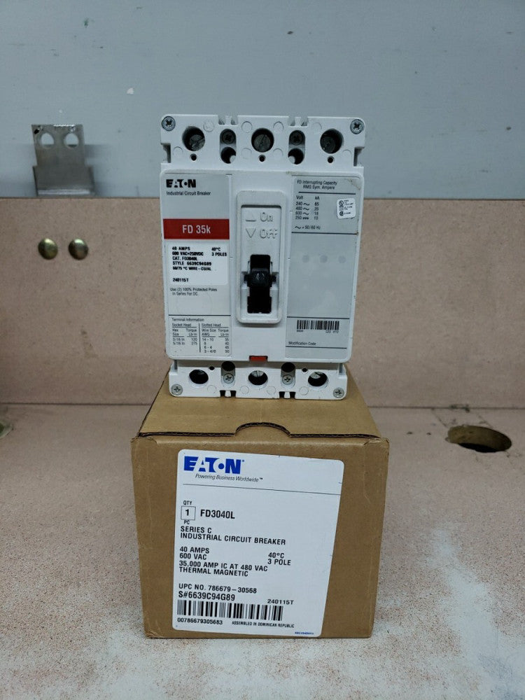 Eaton FD3040L FD3040 40 Amp 600 VAC 3 Pole Type FD 35k Circuit Breaker New!