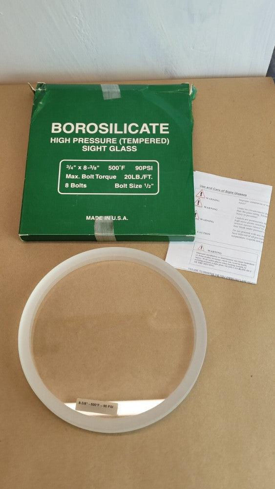 Borosilicate High Pressure Tempered Sight Glass 3/4" x 8-3/8" 500F 90PSI