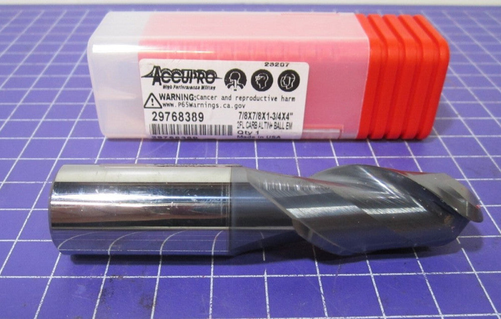 7/8" Ball End Mill 2F Solid Carbide 1-3/4" LOC 4" OAL 40° Helix
