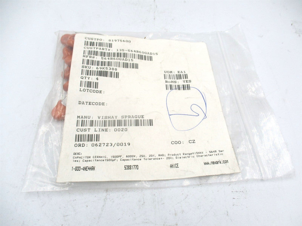 Vishay (564R60GAD15) 1500 pF ±20% 6000V Ceramic Radial Capacitor - Pack of 9