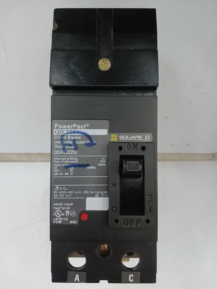 Square D PowerPact 225 Amp I-Line Circuit Breaker 2 Pole 240 VAC 25kA QDA222252