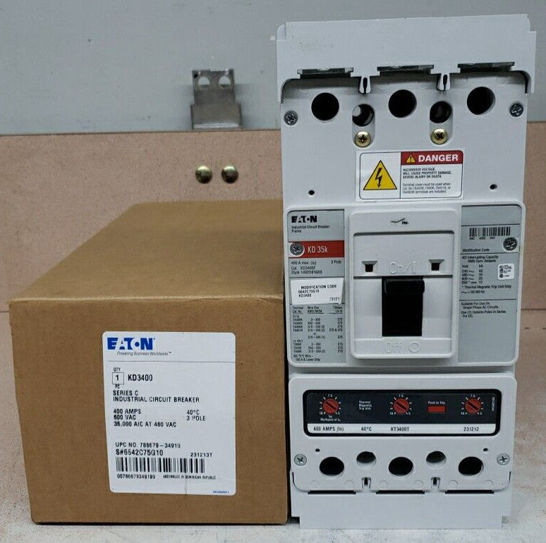 Eaton KD3400F 400 Amp 3 Pole 600V 35K Circuit Breaker KT3400T 400A trip New!